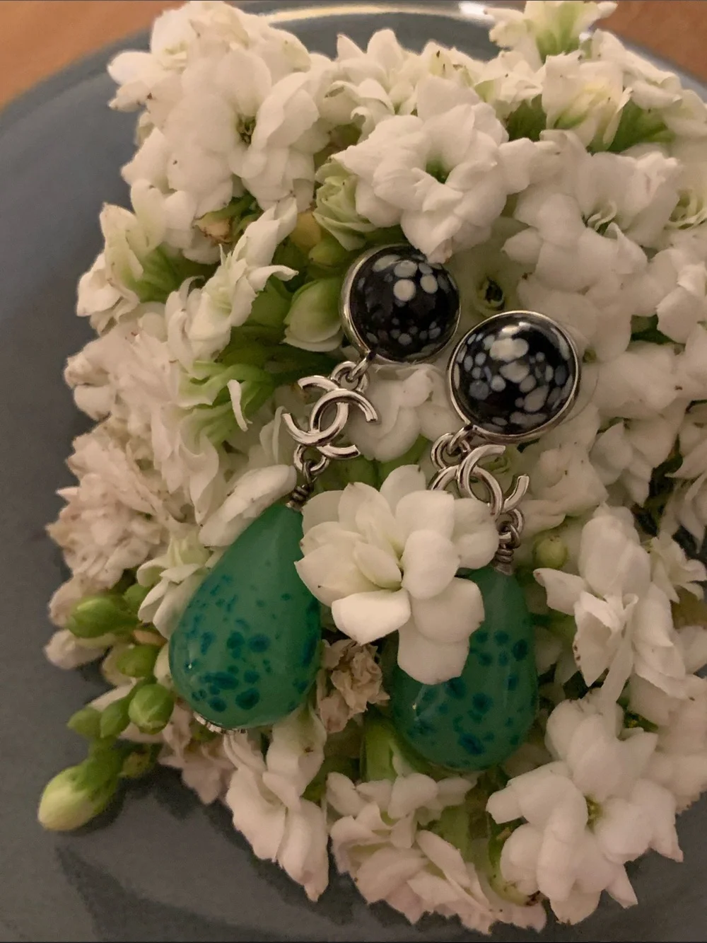 Limited edition authentic Chanel gorgeous earrings with real stones,cc logo.